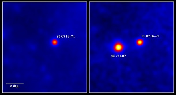 Prior to its strong outbursts in 2011, blazar 4C +71.07 was a weak source for Fermi’s LAT. These images centered on 4C +71.07 show the rate at which the LAT detected gamma rays with energies above 100 million electron volts; lighter colors equal higher rates. The image at left covers 2.5 years, from the start of Fermi’s mission to 2011. The image at right shows 10 weeks of activity in late 2011, when 4C +71.07 produced its strongest outburst. A more frequently active blazar, S5 0716+71, appears in both images. Credit: NASA/DOE/Fermi LAT Collaboration Prior to its strong outbursts in 2011, blazar 4C +71.07 was a weak source for Fermi’s LAT. These images centered on 4C +71.07 show the rate at which the LAT detected gamma rays with energies above 100 million electron volts; lighter colors equal higher rates. The image at left covers 2.5 years, from the start of Fermi’s mission to 2011. The image at right shows 10 weeks of activity in late 2011, when 4C +71.07 produced its strongest outburst. A more frequently active blazar, S5 0716+71, appears in both images. Credit: NASA/DOE/Fermi LAT Collaboration