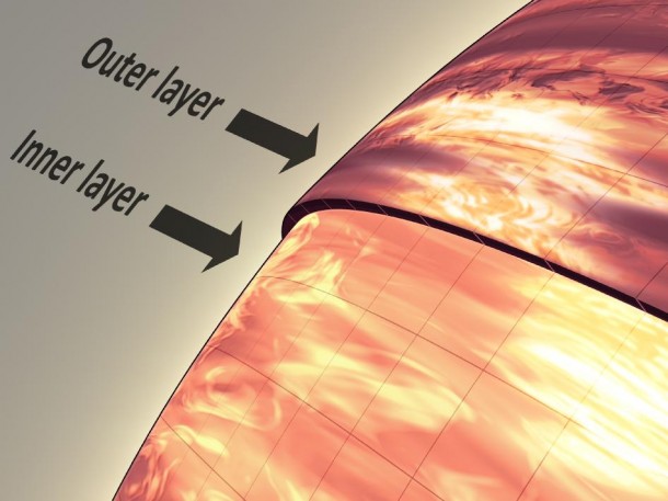 This artist's conception illustrates the brown dwarf named 2MASSJ22282889-431026. NASA's Hubble and Spitzer space telescopes observed the object to learn more about its turbulent atmosphere. Brown dwarfs are more massive and hotter than planets but lack the mass required to become sizzling stars. Their atmospheres can be similar to the giant planet Jupiter's. Image credit: NASA/JPL-Caltech This artist's illustration shows the atmosphere of a brown dwarf called 2MASSJ22282889-431026, which was observed simultaneously by NASA's Spitzer and Hubble space telescopes. The results were unexpected, revealing offset layers of material as indicated in the diagram. For example, the large, bright patch in the outer layer has shifted to the right in the inner layer. The observations indicate this brown dwarf -- a ball of gas that "failed" to become a star -- is marked by wind-driven, planet-size clouds. Image credit: NASA/JPL-Caltech
