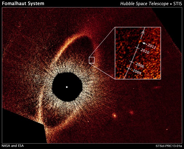 This false-color composite image, taken with the Hubble Space Telescope, reveals the orbital motion of the planet Fomalhaut b. Based on these observations, astronomers calculated that the planet is in a 2,000-year-long, highly elliptical orbit. The planet will appear to cross a vast belt of debris around the star roughly 20 years from now. If the planet's orbit lies in the same plane with the belt, icy and rocky debris in the belt could crash into the planet's atmosphere and produce various phenomena. The black circle at the center of the image blocks out the light from the bright star, allowing reflected light from the belt and planet to be photographed. The Hubble images were taken with the Space Telescope Imaging Spectrograph in 2010 and 2012. Credit: NASA, ESA, and P. Kalas (University of California, Berkeley and SETI Institute) This false-color composite image, taken with the Hubble Space Telescope, reveals the orbital motion of the planet Fomalhaut b. Based on these observations, astronomers calculated that the planet is in a 2,000-year-long, highly elliptical orbit. The planet will appear to cross a vast belt of debris around the star roughly 20 years from now. If the planet's orbit lies in the same plane with the belt, icy and rocky debris in the belt could crash into the planet's atmosphere and produce various phenomena. The black circle at the center of the image blocks out the light from the bright star, allowing reflected light from the belt and planet to be photographed. The Hubble images were taken with the Space Telescope Imaging Spectrograph in 2010 and 2012. Credit: NASA, ESA, and P. Kalas (University of California, Berkeley and SETI Institute)