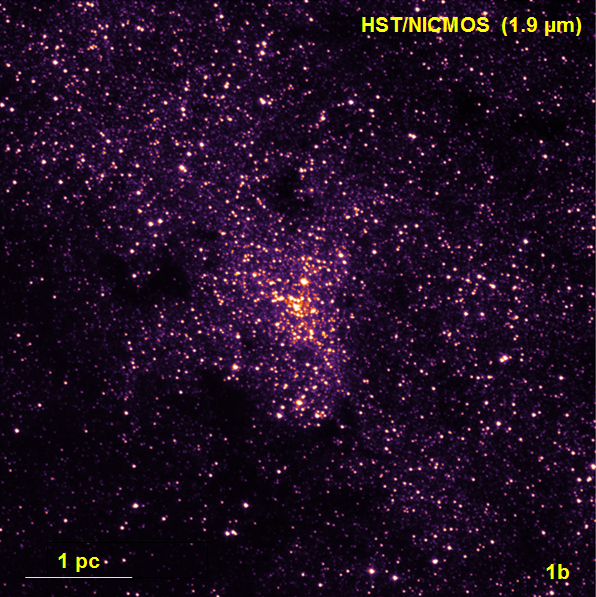Hubble Space Telescope/NICMOS near-infrared image showing the same field of view with the same scale and orientation as the image above. At this wavelength, opaque dust in the plane of the Milky Way hides features that are seen in the SOFIA image. (NASA/STScI) Hubble Space Telescope/NICMOS near-infrared image showing the same field of view with the same scale and orientation as the image above. At this wavelength, opaque dust in the plane of the Milky Way hides features that are seen in the SOFIA image. (NASA/STScI)
