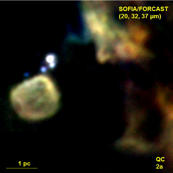SOFIA/FORCAST mid-infrared image of a region including the Quintuple Cluster (QC), a group of young stars near the left margin of the frame, located about 35 parsecs (100 light years) from the galaxy’s nucleus. (NASA/SOFIA/Hankins et al.) SOFIA/FORCAST mid-infrared image of a region including the Quintuple Cluster (QC), a group of young stars near the left margin of the frame, located about 35 parsecs (100 light years) from the galaxy’s nucleus. (NASA/SOFIA/Hankins et al.)