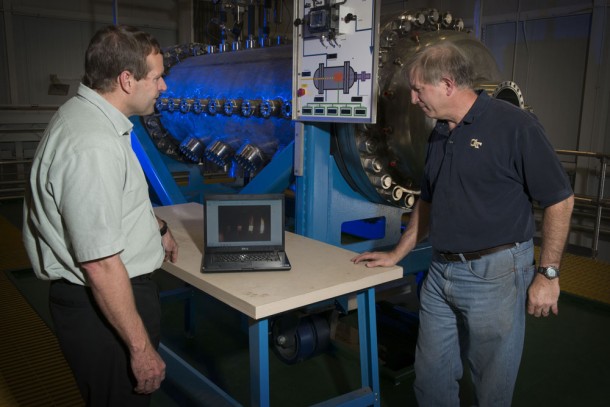 Mike Houts, left, project manager for nuclear systems at the Marshall Center, discusses upcoming testing with Bill Emrich, who manages Marshall's Nuclear Thermal Rocket Element Environmental Simulator, or NTREES. (MSFC/Fred Deaton) Mike Houts, left, project manager for nuclear systems at the Marshall Center, discusses upcoming testing with Bill Emrich, who manages Marshall's Nuclear Thermal Rocket Element Environmental Simulator, or NTREES. (MSFC/Fred Deaton)
