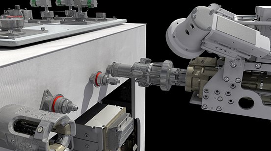 This artist's concept shows a scene from the upcoming refueling demo aboard the International Space Station. The Robotic Refueling Mission, or RRM, Multifunction Tool (right) removes a cap from the RRM module (left). (NASA) This artist's concept shows a scene from the upcoming refueling demo aboard the International Space Station. The Robotic Refueling Mission, or RRM, Multifunction Tool (right) removes a cap from the RRM module (left). (NASA)