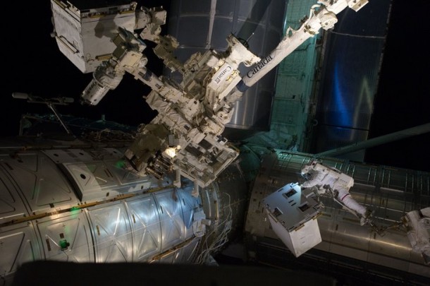 On July 12, 2011, spacewalking astronauts Mike Fossum and Ron Garan successfully transferred the Robotic Refueling Mission, or RRM, module from the Atlantis shuttle cargo bay to a temporary platform on the International Space Station’s Dextre robot. (NASA) On July 12, 2011, spacewalking astronauts Mike Fossum and Ron Garan successfully transferred the Robotic Refueling Mission, or RRM, module from the Atlantis shuttle cargo bay to a temporary platform on the International Space Station’s Dextre robot. (NASA)