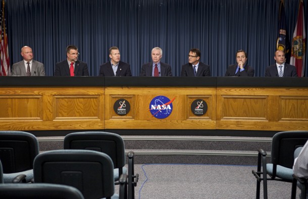 At a news conference NASA officials and industry partners discuss progress of the agency's Commercial Crew Program CCP. Participating in the briefing, from the left are, Mike Curie, NASA Public Affairs, Ed Mango, NASA Commercial Crew Program manager, Phil McAlister, NASA Commercial Spaceflight Development director, Rob Meyerson, Blue Origin president and program manager, John Mulholland, The Boeing Company Commercial Programs Space Exploration vice president and program manager, Mark Sirangelo, Sierra Nevada Corp. vice president and SNC Space Systems chairman and Garrett Reisman, Space Exploration Technologies SpaceX Commercial Crew project manager. Photo credit: NASA/Kim Shiflett At a news conference NASA officials and industry partners discuss progress of the agency's Commercial Crew Program CCP. Participating in the briefing, from the left are, Mike Curie, NASA Public Affairs, Ed Mango, NASA Commercial Crew Program manager, Phil McAlister, NASA Commercial Spaceflight Development director, Rob Meyerson, Blue Origin president and program manager, John Mulholland, The Boeing Company Commercial Programs Space Exploration vice president and program manager, Mark Sirangelo, Sierra Nevada Corp. vice president and SNC Space Systems chairman and Garrett Reisman, Space Exploration Technologies SpaceX Commercial Crew project manager. Photo credit: NASA/Kim Shiflett