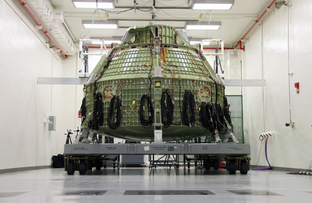 The Orion Exploration Flight Test 1 crew module undergoes proof pressure testing at the Operations and Checkout Building. Image credit: NASA/Ben Smegelsky The Orion Exploration Flight Test 1 crew module undergoes proof pressure testing at the Operations and Checkout Building. Image credit: NASA/Ben Smegelsky