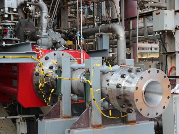 F-1 gas generator at Marshall test stand 116. (NASA/MSFC) 
