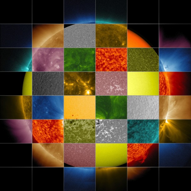 This collage of solar images from NASA's Solar Dynamics Observatory (SDO) shows how observations of the sun in different wavelengths helps highlight different aspects of the sun's surface and atmosphere. (The collage also includes images from other SDO instruments that display magnetic and Doppler information.) Credit: NASA/SDO/Goddard Space Flight Center This collage of solar images from NASA's Solar Dynamics Observatory (SDO) shows how observations of the sun in different wavelengths helps highlight different aspects of the sun's surface and atmosphere. (The collage also includes images from other SDO instruments that display magnetic and Doppler information.) Credit: NASA/SDO/Goddard Space Flight Center