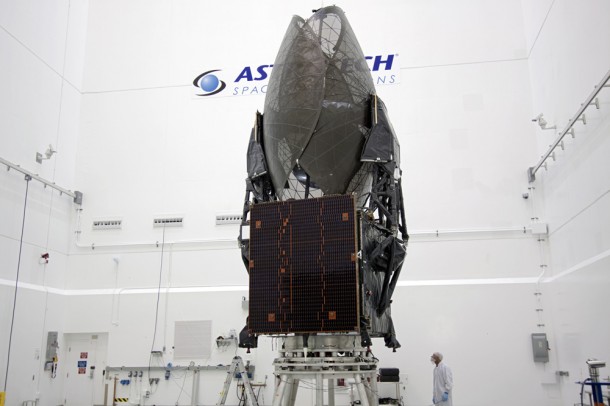 The TDRS-K spacecraft stands inside a processing hangar in Titusville, Fla., awaiting packaging for launch into orbit 22,300 miles above Earth. Photo credit: NASA/Jim Grossmann