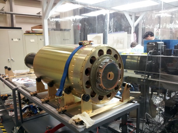 The Hi-C instrument on the integration table at the Harvard-Smithsonian Center for Astrophysics. (NASA/MSFC) The Hi-C instrument on the integration table at the Harvard-Smithsonian Center for Astrophysics. (NASA/MSFC)