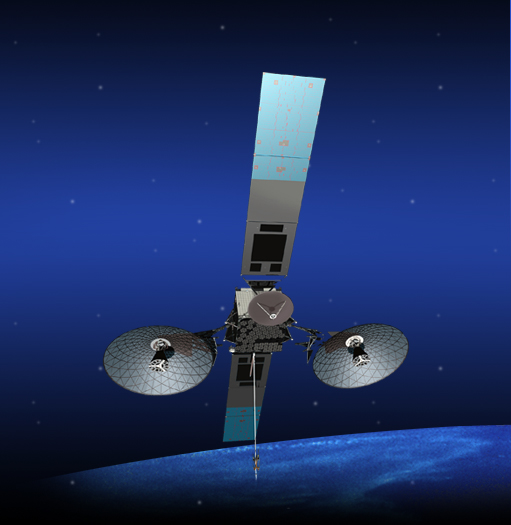 An artist concept of the TDRS-K spacecraft in orbit with its assortment of antennas and a pair of solar arrays to provide electricity. Credit: The Boeing Co.
