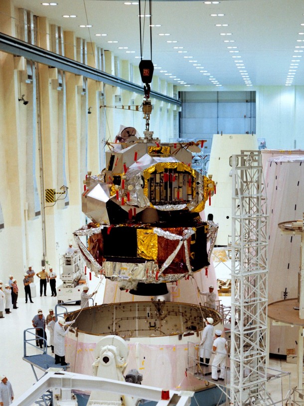 Lunar Module-1 is being moved into position for mating with Spacecraft Lunar Module Adapter in the Kennedy Space Center's Manned Spacecraft Operations Building. LM-1 flew on the Apollo 5 mission of Jan. 22, 1968. NASA's Orion spacecraft is now being built in the same facility, now known as the Operations and Checkout Building. Photo credit: NASA Lunar Module-1 is being moved into position for mating with Spacecraft Lunar Module Adapter in the Kennedy Space Center's Manned Spacecraft Operations Building. LM-1 flew on the Apollo 5 mission of Jan. 22, 1968. NASA's Orion spacecraft is now being built in the same facility, now known as the Operations and Checkout Building. Photo credit: NASA