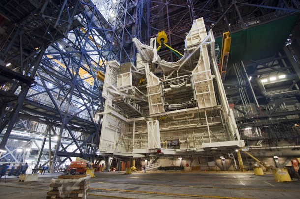 As part of Ground Systems Development and Operations Program work at Kennedy Space Center, space shuttle-era work platforms are removed from high bay 3 in the Vehicle Assembly Building on Oct. 24. All platforms were removed two days later. Image credit: NASA/Jim Grossmann As part of Ground Systems Development and Operations Program work at Kennedy Space Center, space shuttle-era work platforms are removed from high bay 3 in the Vehicle Assembly Building on Oct. 24. All platforms were removed two days later. Image credit: NASA/Jim Grossmann