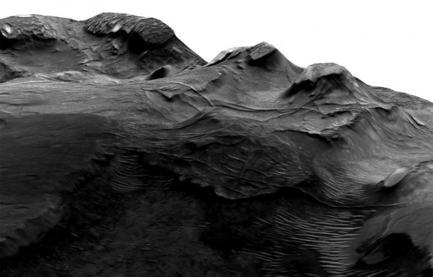 Fossilized hydrology A 3-D image of an impact crater in the Nilosyrtis area on the Martian surface shows long pipe-like ridges, fossilized evidence of ancient subsurface water flow. Credit: NASA Mars Reconnaissance Orbiter Fossilized hydrology A 3-D image of an impact crater in the Nilosyrtis area on the Martian surface shows long pipe-like ridges, fossilized evidence of ancient subsurface water flow. Credit: NASA Mars Reconnaissance Orbiter