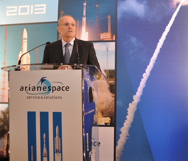 Chairman & CEO Jean Yves Le Gall outlines Arianespace’s 2013 launch planning for reporters during the company’s traditional year-opening press conference in Paris. Chairman & CEO Jean Yves Le Gall outlines Arianespace’s 2013 launch planning for reporters during the company’s traditional year-opening press conference in Paris.