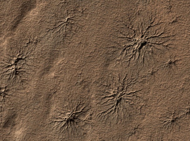 Spider-shaped features in the south polar region of Mars are carved by vaporizing dry ice in a dynamic seasonal process. This image from the High Resolution Imaging Science Experiment (HiRISE) camera on NASA's Mars Reconnaissance Orbiter includes several of the distinctive features in an area 1.2 kilometers (three-fourths of a mile) wide. Image Credit: NASA/JPL-Caltech/University of Arizona Spider-shaped features in the south polar region of Mars are carved by vaporizing dry ice in a dynamic seasonal process. This image from the High Resolution Imaging Science Experiment (HiRISE) camera on NASA's Mars Reconnaissance Orbiter includes several of the distinctive features in an area 1.2 kilometers (three-fourths of a mile) wide. Image Credit: NASA/JPL-Caltech/University of Arizona