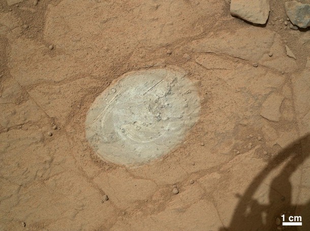 This image from the Mars Hand Lens Imager (MAHLI) on NASA's Mars rover Curiosity shows the patch of rock cleaned by the first use of the rover's Dust Removal Tool (DRT). Image Credit: NASA/JPL-Caltech/MSSS This image from the Mars Hand Lens Imager (MAHLI) on NASA's Mars rover Curiosity shows the patch of rock cleaned by the first use of the rover's Dust Removal Tool (DRT). Image Credit: NASA/JPL-Caltech/MSSS