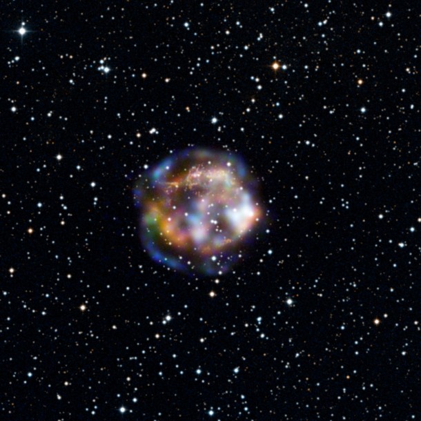 This new view of the historical supernova remnant Cassiopeia A, located 11,000 light-years away, was taken by NASA's Nuclear Spectroscopic Telescope Array, or NuSTAR. Blue indicates the highest energy X-ray light, where NuSTAR has made the first resolved image ever of this source. Red and green show the lower end of NuSTAR's energy range, which overlaps with NASA's high-resolution Chandra X-ray Observatory. Image credit: NASA/JPL-Caltech/DSS This new view of the historical supernova remnant Cassiopeia A, located 11,000 light-years away, was taken by NASA's Nuclear Spectroscopic Telescope Array, or NuSTAR. Blue indicates the highest energy X-ray light, where NuSTAR has made the first resolved image ever of this source. Red and green show the lower end of NuSTAR's energy range, which overlaps with NASA's high-resolution Chandra X-ray Observatory. Image credit: NASA/JPL-Caltech/DSS