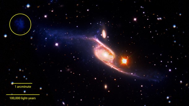 This composite of the giant barred spiral galaxy NGC 6872 combines visible light images from the European Southern Observatory's Very Large Telescope with far-ultraviolet (1,528 angstroms) data from NASA's GALEX and 3.6-micron infrared data acquired by NASA's Spitzer Space Telescope. Image credit: NASA's Goddard Space Flight Center/ESO/JPL-Caltech/DSS This composite of the giant barred spiral galaxy NGC 6872 combines visible light images from the European Southern Observatory's Very Large Telescope with far-ultraviolet (1,528 angstroms) data from NASA's GALEX and 3.6-micron infrared data acquired by NASA's Spitzer Space Telescope. Image credit: NASA's Goddard Space Flight Center/ESO/JPL-Caltech/DSS
