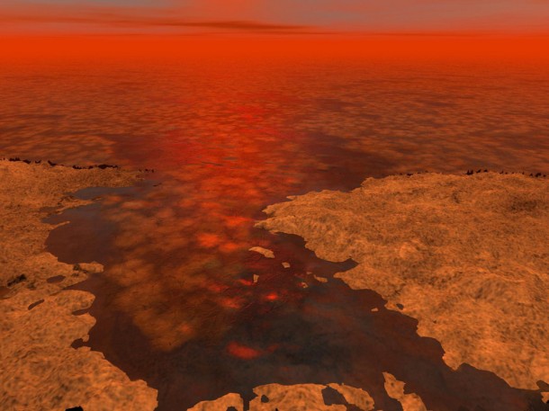 This artist's concept envisions what hydrocarbon ice forming on a liquid hydrocarbon sea of Saturn's moon Titan might look like. Image credit: NASA/JPL-Caltech/USGS This artist's concept envisions what hydrocarbon ice forming on a liquid hydrocarbon sea of Saturn's moon Titan might look like. Image credit: NASA/JPL-Caltech/USGS
