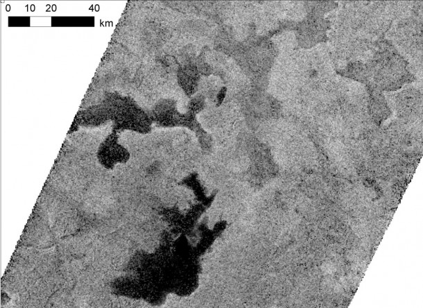 Lakes on Saturn's moon Titan reflect radio waves in varying ways in this image from NASA's Cassini spacecraft. Scientists think the variations in reflectivity, or brightness, have to do with the smoothness or texture of the surface. If a lake is fully liquid, it looks dark, but if it is only partially liquid, it looks brighter. Image credit: NASA/JPL-Caltech/ASI/Cornell Lakes on Saturn's moon Titan reflect radio waves in varying ways in this image from NASA's Cassini spacecraft. Scientists think the variations in reflectivity, or brightness, have to do with the smoothness or texture of the surface. If a lake is fully liquid, it looks dark, but if it is only partially liquid, it looks brighter. Image credit: NASA/JPL-Caltech/ASI/Cornell