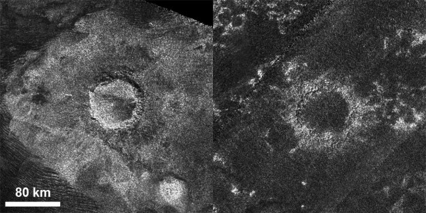 This set of images from the radar instrument on NASA's Cassini spacecraft shows a relatively "fresh" crater called Sinlap (left) and an extremely degraded crater called Soi (right). Sinlap has a depth-to-diameter ratio close to what we see on Jupiter's moon Ganymede. Soi has a shallow depth compared to similar craters on Ganymede. These craters are both about 50 miles (80 kilometers) in diameter. Image credit: NASA/JPL-Caltech/ASI/GSFC This set of images from the radar instrument on NASA's Cassini spacecraft shows a relatively "fresh" crater called Sinlap (left) and an extremely degraded crater called Soi (right). Sinlap has a depth-to-diameter ratio close to what we see on Jupiter's moon Ganymede. Soi has a shallow depth compared to similar craters on Ganymede. These craters are both about 50 miles (80 kilometers) in diameter. Image credit: NASA/JPL-Caltech/ASI/GSFC