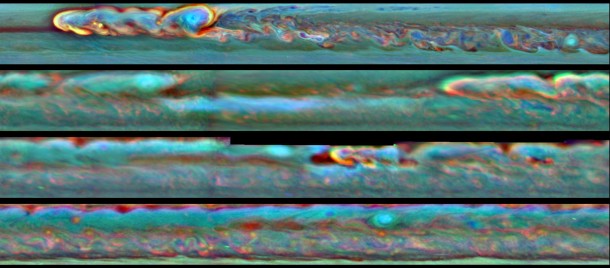 This set of images from NASA's Cassini mission shows the evolution of a massive thunder-and-lightning storm that circled all the way around Saturn and fizzled when it ran into its own tail. The storm was first detected on Dec. 5, 2010. That month, it developed a head of bright clouds quickly moving west and spawned a much slower-drifting clockwise-spinning vortex. Image credit: NASA/JPL-Caltech/SSI/Hampton University This set of images from NASA's Cassini mission shows the evolution of a massive thunder-and-lightning storm that circled all the way around Saturn and fizzled when it ran into its own tail. The storm was first detected on Dec. 5, 2010. That month, it developed a head of bright clouds quickly moving west and spawned a much slower-drifting clockwise-spinning vortex. Image credit: NASA/JPL-Caltech/SSI/Hampton University