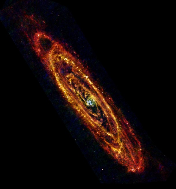 In this new view of the Andromeda galaxy from the Herschel space observatory, cool lanes of forming stars are revealed in the finest detail yet. Herschel is a European Space Agency mission with important NASA participation. Image credit: ESA/Herschel/PACS & SPIRE Consortium, O. Krause, HSC, H. Linz