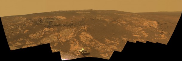 As NASA's Mars Exploration Rover Opportunity neared the ninth anniversary of its landing on Mars, the rover was working in the 'Matijevic Hill' area seen in this view from Opportunity's panoramic camera (Pancam). Image Credit: NASA/JPL-Caltech/Cornell/Arizona State Univ. As NASA's Mars Exploration Rover Opportunity neared the ninth anniversary of its landing on Mars, the rover was working in the 'Matijevic Hill' area seen in this view from Opportunity's panoramic camera (Pancam). Image Credit: NASA/JPL-Caltech/Cornell/Arizona State Univ.