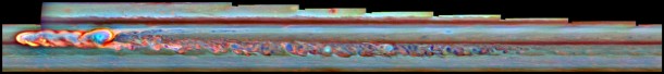 This mosaic of false-color images from NASA's Cassini spacecraft shows what a giant storm in Saturn's northern hemisphere looked like about a month after it began. The bright head of the storm is on the left. The storm also spawned a clockwise-spinning vortex, seen as the light blue circular feature framed with a curl of bright clouds a little to the right of the storm head. Image credit: NASA/JPL-Caltech/SSI/Hampton University This mosaic of false-color images from NASA's Cassini spacecraft shows what a giant storm in Saturn's northern hemisphere looked like about a month after it began. The bright head of the storm is on the left. The storm also spawned a clockwise-spinning vortex, seen as the light blue circular feature framed with a curl of bright clouds a little to the right of the storm head. Image credit: NASA/JPL-Caltech/SSI/Hampton University