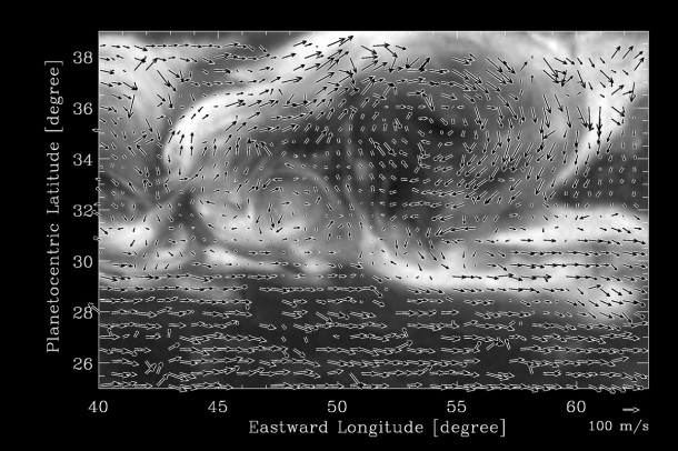 This image from NASA's Cassini spacecraft reveals the wind patterns within a large vortex that was spawned by a giant northern storm on Saturn. The arrows indicate the local direction of the winds. The vortex, a clockwise-spinning swirl, was spun off from the head of this storm in early December 2010, shortly after the storm erupted. The bright head of the storm moved swiftly in a westward direction around the planet, while this vortex drifted more slowly. Image credit: NASA/JPL-Caltech/SSI/Hampton University This image from NASA's Cassini spacecraft reveals the wind patterns within a large vortex that was spawned by a giant northern storm on Saturn. The arrows indicate the local direction of the winds. The vortex, a clockwise-spinning swirl, was spun off from the head of this storm in early December 2010, shortly after the storm erupted. The bright head of the storm moved swiftly in a westward direction around the planet, while this vortex drifted more slowly. Image credit: NASA/JPL-Caltech/SSI/Hampton University