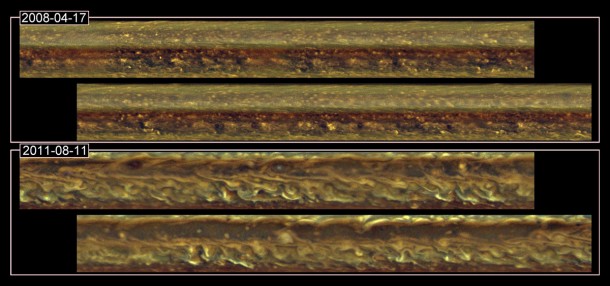This set of images from NASA's Cassini spacecraft shows cloud patterns in a band around Saturn before a monstrous thunder-and-lightning storm erupted and again after the head of the storm had disappeared. The images cover a band from 20 to 40 degrees north latitude. A comparison of the two images shows that the storm left the region in a highly disturbed, turbulent state. This kind of turbulence had never before been seen on Saturn and scientists are continuing to monitor the aftermath. Image credit: NASA/JPL-Caltech/SSI/Hampton University This set of images from NASA's Cassini spacecraft shows cloud patterns in a band around Saturn before a monstrous thunder-and-lightning storm erupted and again after the head of the storm had disappeared. The images cover a band from 20 to 40 degrees north latitude. A comparison of the two images shows that the storm left the region in a highly disturbed, turbulent state. This kind of turbulence had never before been seen on Saturn and scientists are continuing to monitor the aftermath. Image credit: NASA/JPL-Caltech/SSI/Hampton University