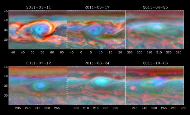 A vortex that was part of a giant storm on Saturn slowly dissipates over time in this set of false color images from NASA's Cassini spacecraft . This clockwise vortex spun off the bright head of the storm shortly after the thunder-and-lightning storm erupted in early December 2010. Image credit: NASA/JPL-Caltech/SSI/Hampton University A vortex that was part of a giant storm on Saturn slowly dissipates over time in this set of false color images from NASA's Cassini spacecraft . This clockwise vortex spun off the bright head of the storm shortly after the thunder-and-lightning storm erupted in early December 2010. Image credit: NASA/JPL-Caltech/SSI/Hampton University