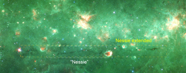 The galactic "bone" was identified while studying a dust cloud that in 2010 was nicknamed "Nessie" after the Loch Ness Monster. Nessie turns out to be at least twice, and perhaps as much as eight times, longer than originally claimed. Both the original 2010 "Nessie" and the extended structure are outlined and labeled here on a Spitzer infrared image. Credit: NASA/JPL/SSC The galactic "bone" was identified while studying a dust cloud that in 2010 was nicknamed "Nessie" after the Loch Ness Monster. Nessie turns out to be at least twice, and perhaps as much as eight times, longer than originally claimed. Both the original 2010 "Nessie" and the extended structure are outlined and labeled here on a Spitzer infrared image. Credit: NASA/JPL/SSC