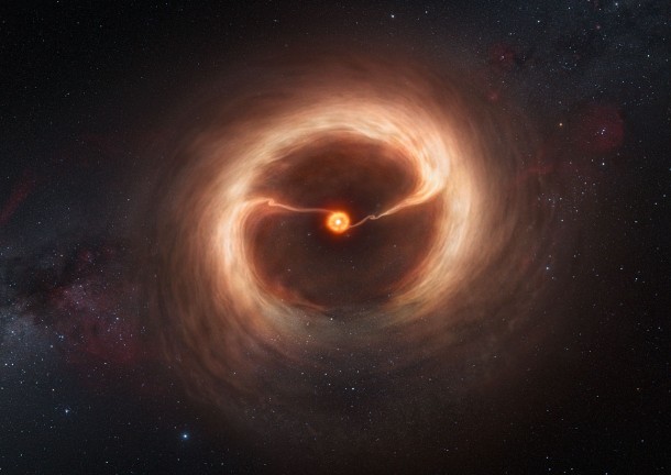 This artist’s impression shows the disc of gas and cosmic dust around the young star HD 142527. Credit: ALMA (ESO/NAOJ/NRAO)/M. Kornmesser (ESO) This artist’s impression shows the disc of gas and cosmic dust around the young star HD 142527. Credit: ALMA (ESO/NAOJ/NRAO)/M. Kornmesser (ESO)
