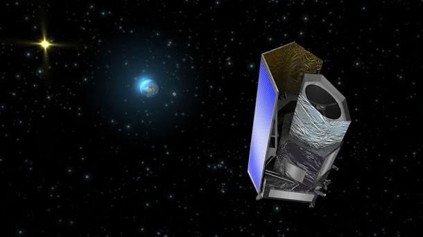 This artist's concept shows the Euclid spacecraft. The telescope will launch to an orbit around the sun-Earth Lagrange point L2. The Lagrange point is a location where the gravitational pull of two large masses, the sun and Earth in this case, precisely equals the force required for a small object, such as the Euclid spacecraft, to maintain a relatively stationary position behind Earth as seen from the sun. Image credit: ESA/C. Carreau This artist's concept shows the Euclid spacecraft. The telescope will launch to an orbit around the sun-Earth Lagrange point L2. The Lagrange point is a location where the gravitational pull of two large masses, the sun and Earth in this case, precisely equals the force required for a small object, such as the Euclid spacecraft, to maintain a relatively stationary position behind Earth as seen from the sun. Image credit: ESA/C. Carreau