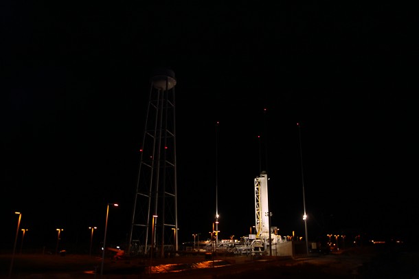The first stage of the Antares rocket stands on the pad at NASA's Wallops Flight Facility. The first stage of the Antares rocket stands on the pad at NASA's Wallops Flight Facility.