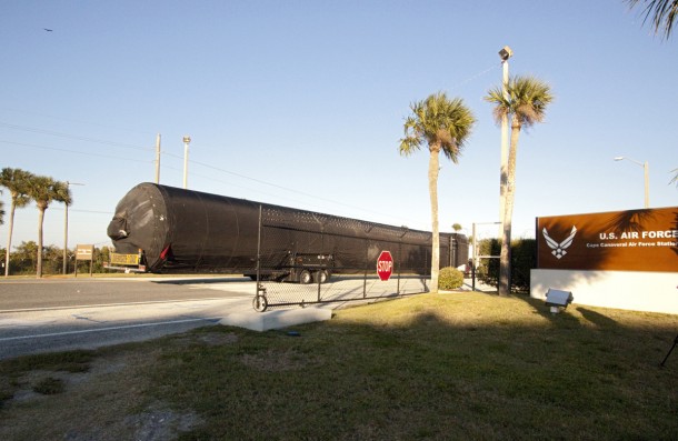 A truck carrying the first stage of the SpaceX Falcon 9 rocket arrives at Cape Canaveral Air Force Station in Florida on Nov. 11, 2012. Image credit: NASA/Jim Grossmann A truck carrying the first stage of the SpaceX Falcon 9 rocket arrives at Cape Canaveral Air Force Station in Florida on Nov. 11, 2012. Image credit: NASA/Jim Grossmann