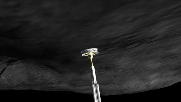 This is an artist's concept of the OSIRIS-REx sample collector, or "tag head," being deployed to collect a sample of asteroid 1999 RQ36. Credit: NASA Goddard Space Flight Center This is an artist's concept of the OSIRIS-REx sample collector, or "tag head," being deployed to collect a sample of asteroid 1999 RQ36. Credit: NASA Goddard Space Flight Center
