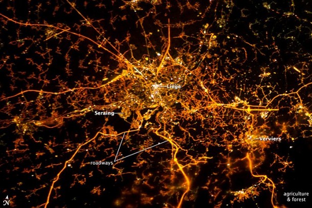This image taken on Dec. 8, 2012, with the European Space Agency, or ESA, NightPod camera mount, shows the city of Liège, Belgian, as it appears at night from the vantage point of the International Space Station. (ESA/NASA) This image taken on Dec. 8, 2012, with the European Space Agency, or ESA, NightPod camera mount, shows the city of Liège, Belgian, as it appears at night from the vantage point of the International Space Station. (ESA/NASA)