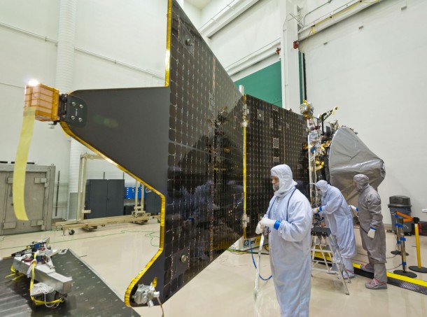 NASA’s MAVEN spacecraft recently completed assembly and has started environmental testing. In the Multipurpose Test Facility clean room at Lockheed Martin, technicians installed the orbiter’s two solar arrays prior to a modal test. Credit: Lockheed Martin NASA’s MAVEN spacecraft recently completed assembly and has started environmental testing. In the Multipurpose Test Facility clean room at Lockheed Martin, technicians installed the orbiter’s two solar arrays prior to a modal test. Credit: Lockheed Martin