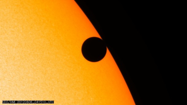 One of the highlights of NASA's Solar Dynamics Observatory (SDO) during its third year in space: observations of Venus' transit across the Sun. This image was taken just as Venus was leaving the disk of the sun at 12:15 a.m. EDT on Jun. 6, 2012. Credit: NASA/SDO/HMI One of the highlights of NASA's Solar Dynamics Observatory (SDO) during its third year in space: observations of Venus' transit across the Sun. This image was taken just as Venus was leaving the disk of the sun at 12:15 a.m. EDT on Jun. 6, 2012. Credit: NASA/SDO/HMI