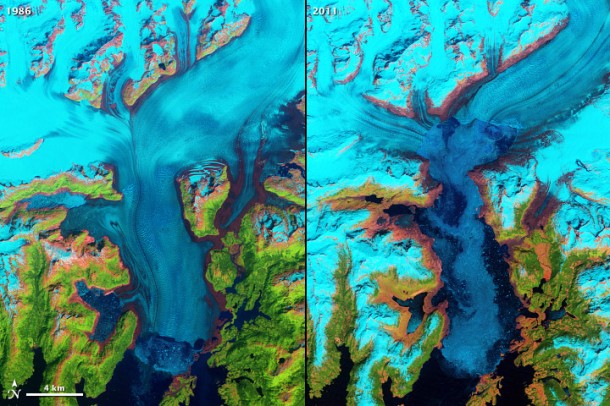 This image shows the Columbia Glacier in Alaska one of many vanishing around the world. Glacier retreat is one of the most direct and understandable effects of climate change. Credit: NASA/USGS This image shows the Columbia Glacier in Alaska one of many vanishing around the world. Glacier retreat is one of the most direct and understandable effects of climate change. Credit: NASA/USGS