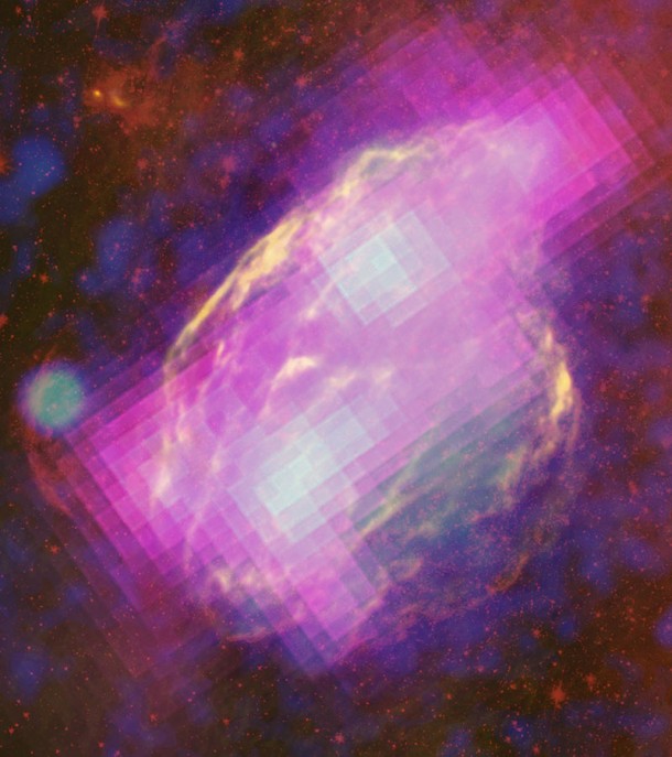 The W44 supernova remnant is nestled within and interacting with the molecular cloud that formed its parent star. Fermi's LAT detects GeV gamma rays (magenta) produced when the gas is bombarded by cosmic rays, primarily protons. Radio observations (yellow) from the Karl G. Jansky Very Large Array near Socorro, N.M., and infrared (red) data from NASA's Spitzer Space Telescope reveal filamentary structures in the remnant's shell. Blue shows X-ray emission mapped by the Germany-led ROSAT mission. Credit: NASA/DOE/Fermi LAT Collaboration, NRAO/AUI, JPL-Caltech, ROSAT The W44 supernova remnant is nestled within and interacting with the molecular cloud that formed its parent star. Fermi's LAT detects GeV gamma rays (magenta) produced when the gas is bombarded by cosmic rays, primarily protons. Radio observations (yellow) from the Karl G. Jansky Very Large Array near Socorro, N.M., and infrared (red) data from NASA's Spitzer Space Telescope reveal filamentary structures in the remnant's shell. Blue shows X-ray emission mapped by the Germany-led ROSAT mission. Credit: NASA/DOE/Fermi LAT Collaboration, NRAO/AUI, JPL-Caltech, ROSAT