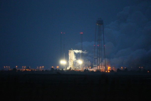 NASA commercial partner Orbital Sciences of Dulles, Va., successfully conducted an engine test of its Antares rocket Friday, Feb. 22, from Mid-Atlantic Regional Spaceport Pad-0A at NASA's Wallops Flight Facility, Va. The company fired dual AJ26 rocket engines for approximately 30 seconds while the rocket was bolted down on the pad. Known as a "hot fire" test, it demonstrated the readiness of the rocket's first stage and launch pad fueling systems to support upcoming test flights. Credit: NASA NASA commercial partner Orbital Sciences of Dulles, Va., successfully conducted an engine test of its Antares rocket Friday, Feb. 22, from Mid-Atlantic Regional Spaceport Pad-0A at NASA's Wallops Flight Facility, Va. The company fired dual AJ26 rocket engines for approximately 30 seconds while the rocket was bolted down on the pad. Known as a "hot fire" test, it demonstrated the readiness of the rocket's first stage and launch pad fueling systems to support upcoming test flights. Credit: NASA