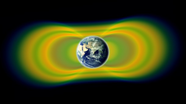 Two giant swaths of radiation, known as the Van Allen Belts, surrounding Earth were discovered in 1958. In 2012, observations from the Van Allen Probes showed that a third belt can sometimes appear. The radiation is shown here in yellow, with green representing the spaces between the belts. Credit: NASA/Van Allen Probes/Goddard Space Flight Center Two giant swaths of radiation, known as the Van Allen Belts, surrounding Earth were discovered in 1958. In 2012, observations from the Van Allen Probes showed that a third belt can sometimes appear. The radiation is shown here in yellow, with green representing the spaces between the belts. Credit: NASA/Van Allen Probes/Goddard Space Flight Center