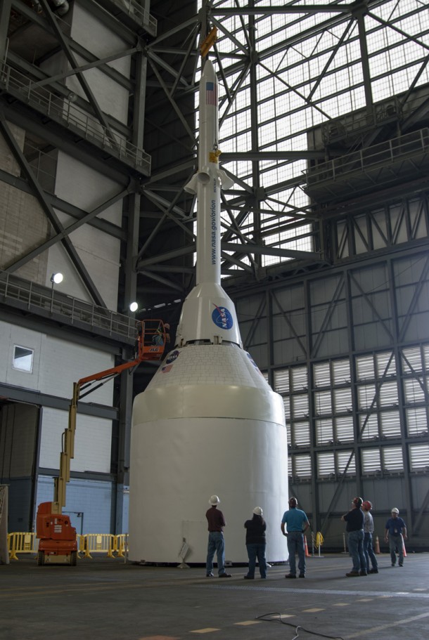 The LAS replica stands on the mockup Orion capsule inside the Vehicle Assembly Building at NASA's Kennedy Space Center in Florida. Photo credit: NASA/Charisse Nahser The LAS replica stands on the mockup Orion capsule inside the Vehicle Assembly Building at NASA's Kennedy Space Center in Florida. Photo credit: NASA/Charisse Nahser