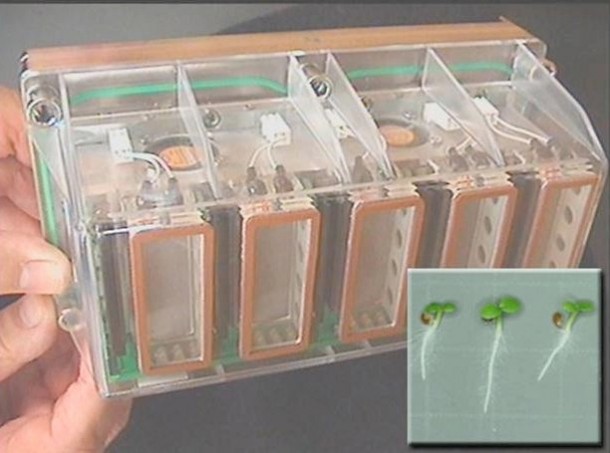 The Experiment Container with Plant Seedling Seed Cassettes (seedlings, inset lower right) is an example of the samples returning aboard the SpaceX Dragon vehicle for ground analysis. (NASA) The Experiment Container with Plant Seedling Seed Cassettes (seedlings, inset lower right) is an example of the samples returning aboard the SpaceX Dragon vehicle for ground analysis. (NASA)