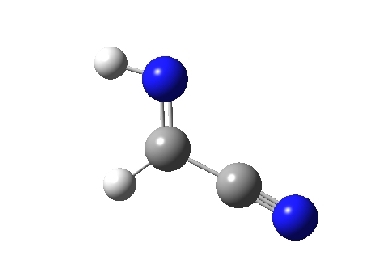 Structure of cyanomethanimine, newly discovered in interstellar space. Blue=nitrogen, grey=carbon, white=hydrogen. Below: Structure of adenine, a component of DNA. CREDIT: NRAO/AUI/NSF. Structure of cyanomethanimine, newly discovered in interstellar space. Blue=nitrogen, grey=carbon, white=hydrogen. Below: Structure of adenine, a component of DNA. CREDIT: NRAO/AUI/NSF.