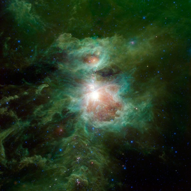 The Orion nebula is featured in this sweeping image from NASA's Wide-field Infrared Survey Explorer, or WISE. The constellation of Orion is prominent in the evening sky throughout the world from about December through April of each year. The nebula (also catalogued as Messier 42) is located in the sword of Orion, hanging from his famous belt of three stars. The star cluster embedded in the nebula is visible to the unaided human eye as a single star, with some fuzziness apparent to the most keen-eyed observers. Image Credit: NASA/JPL-Caltech/UCLA The Orion nebula is featured in this sweeping image from NASA's Wide-field Infrared Survey Explorer, or WISE. The constellation of Orion is prominent in the evening sky throughout the world from about December through April of each year. The nebula (also catalogued as Messier 42) is located in the sword of Orion, hanging from his famous belt of three stars. The star cluster embedded in the nebula is visible to the unaided human eye as a single star, with some fuzziness apparent to the most keen-eyed observers. Image Credit: NASA/JPL-Caltech/UCLA